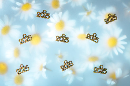 Number 2025 on a Floral Background with White Daisies, Concept 2025 year, Peace, Joy, Nature, care...