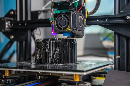 A 3D printer prints a black model. Technology at home