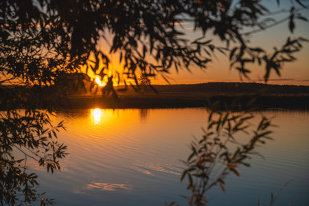 Beautiful view of the autumn nature, the river at sunsetの写真素材