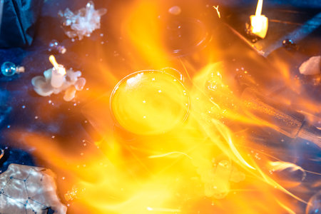 fire on composition, Alchemy, astronomy, astrology, a magic potion in a pot. mysticism, mysterious
