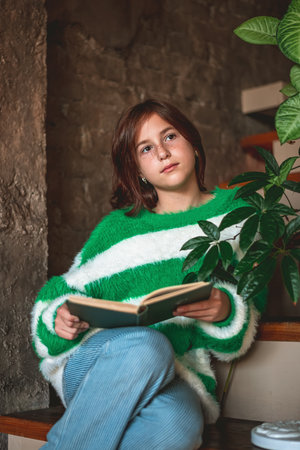 Portrait of a teenage girl with red hair and freckles, looking thoughtfully awayの写真素材