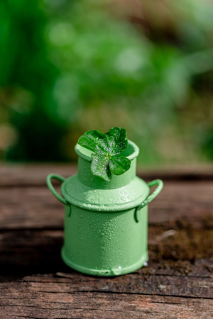 Four-leaf clover in green bucket in nature, natural background, symbol of good luck, with copy spaceの写真素材