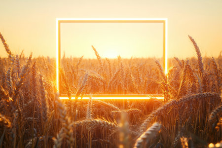 Luminous square, rectangular Frame in the field among the ears of wheat Abstract Natural Creative Background Mockup for natural Products Advertisingの素材
