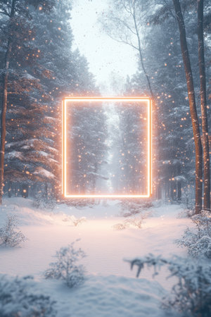 Luminous square, rectangular Frame amidst a snowy winter landscape Abstract Natural Creative Background Mockup for natural Products Advertising, New Year and Christmas cardの素材
