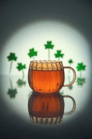 creative composition still life with tea in a transparent glass cup, with silhouettes of green clover on the background, concept spring, summer, st. patrick's dayの写真素材