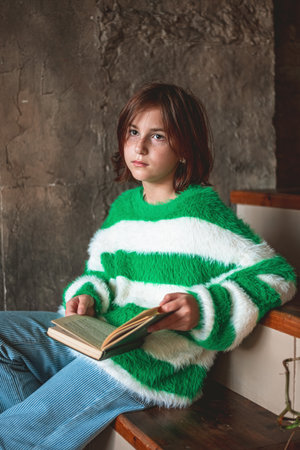 Cute Girl With Book Sitting On Stairs, Home, Coziness, Reading, Calm And Peaceの写真素材