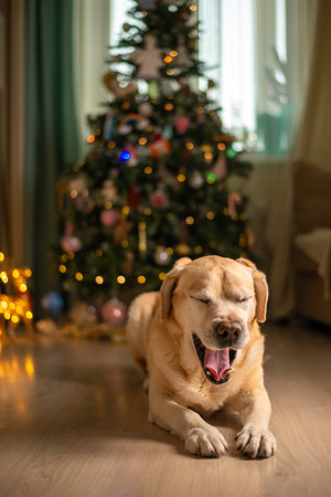 cute funny Labrador dog on the background of a Christmas tree. christmas lights, christmas greeting cardの写真素材