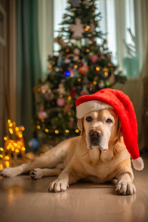 cute funny Labrador dog in a Santa Claus hat, gnome on the background of a Christmas tree. christmas lights, christmas greeting cardの写真素材