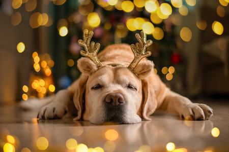 cute funny Labrador dog with deer horns on the background of a Christmas tree. christmas lights, christmas greeting cardの写真素材