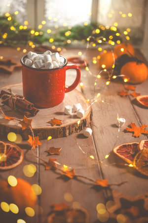 cute cozy winter composition. red mug, marshmallows, oranges and Christmas lights. new year and christmas, warmth, comfortの写真素材