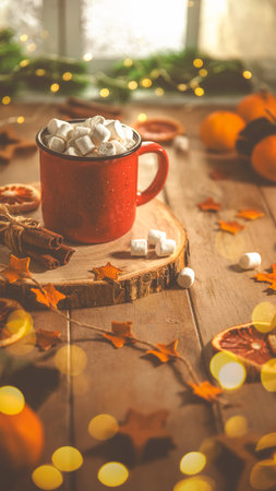 cute cozy winter composition. red mug, marshmallows, oranges and Christmas lights. new year and christmas, warmth, comfortの写真素材