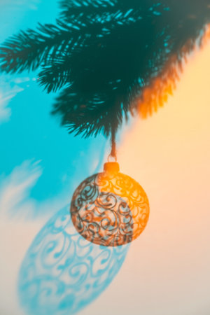 Christmas ball on Christmas tree, creative photo with shadow, new year, christmas. Blue, peach, orange, Selective focusの写真素材