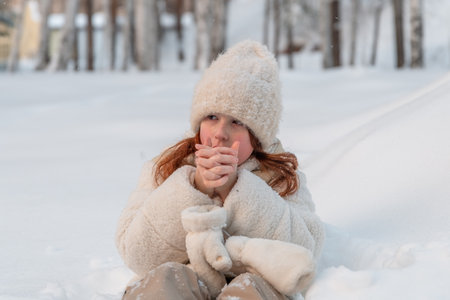 cute girl took off her mittens and breathes on her hands to warm them, winter forest, cold, frost, winter activities, pastimeの写真素材