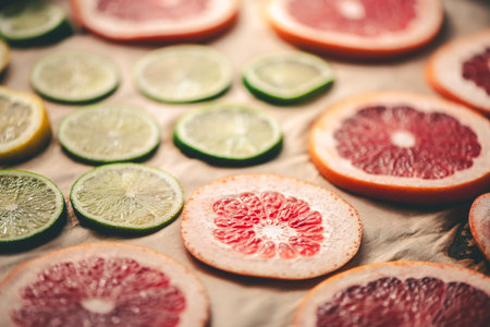 Sliced orange, tangerine and grapefruit slices on baking sheet, preparing citrus decor for Christmas garlandの写真素材