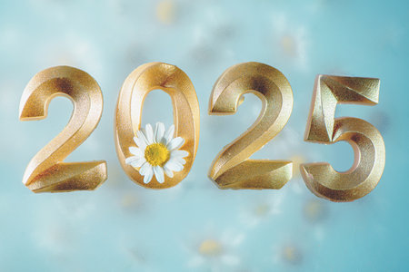 Number 2025 on a Floral Background with White Daisies, Concept 2025 year, Peace, Joy, Nature, care for nature and ecologyの写真素材