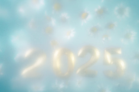 Number 2025 on a Floral Background with White Daisies, Concept 2025 year, Peace, Joy, Nature, care for nature and ecologyの写真素材