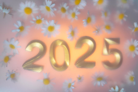 Number 2025 on a Floral Background with White Daisies, Concept 2025 year, Peace, Joy, Nature, care for nature and ecologyの写真素材