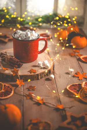 cute cozy winter composition. red mug, marshmallows, oranges and Christmas lights. new year and christmas, warmth, comfortの写真素材