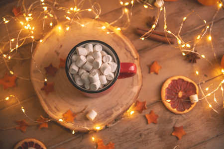 cute cozy winter composition. red mug, marshmallows, oranges and Christmas lights. new year and christmas, warmth, comfortの写真素材