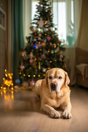cute funny Labrador dog on the background of a Christmas tree. christmas lights, christmas greeting cardの写真素材