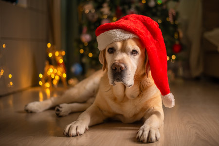 cute funny Labrador dog in a Santa Claus hat, gnome on the background of a Christmas tree. christmas lights, christmas greeting cardの写真素材