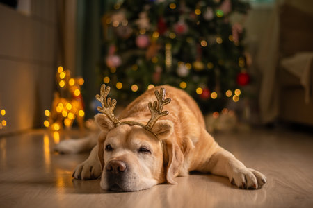 cute funny Labrador dog with deer horns on the background of a Christmas tree. christmas lights, christmas greeting cardの写真素材