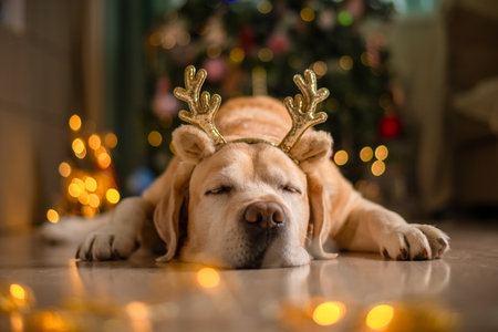 cute funny Labrador dog with deer horns on the background of a Christmas tree. christmas lights, christmas greeting cardの写真素材