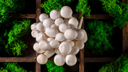 Closeup of a bunch of shimeji mushrooms in a wooden container, surrounded by green moss, a type of delicious oyster mushroom, healthy food, top viewの写真素材