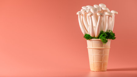 Closeup of a bunch of shimeji mushrooms with green moss in an ice cream cone, on peach fuzz background, superfood, a type of delicious oyster mushroom, healthy food, with copy spaceの写真素材