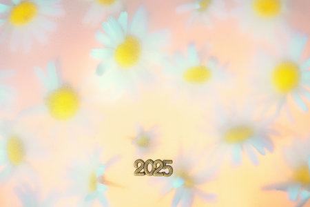 Number 2025 on a Floral Background with White Daisies, Concept 2025 year, Peace, Joy, Nature, care for nature and ecologyの写真素材
