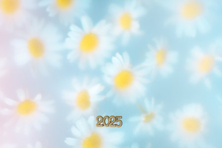 Number 2025 on a Floral Background with White Daisies, Concept 2025 year, Peace, Joy, Nature, care for nature and ecologyの写真素材
