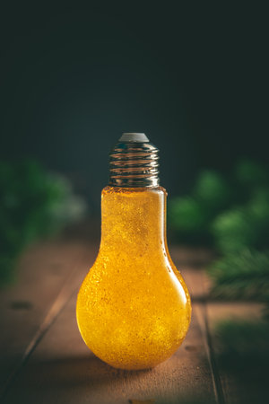 A light bulb with a golden liquid surrounded by fir branches, a concept for the brain, ideas, creativityの写真素材