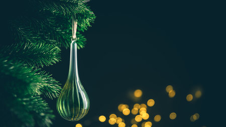 Single, elongated, green glass Christmas ornament hangs delicately from a pine branch against a backdrop of warm, golden bokeh lights, creating a festive and elegant holiday sceneの写真素材