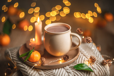 Christmas hot chocolate with tangerines and burning candles on a stack of knitted sweaters creates a cozy winter atmosphere with warm bokeh lightsの写真素材