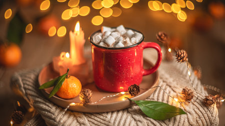 Red mug filled with hot chocolate and marshmallows resting on a tray with tangerines, surrounded by warm knit fabric and glowing Christmas lights, creating a cozy winter sceneの写真素材