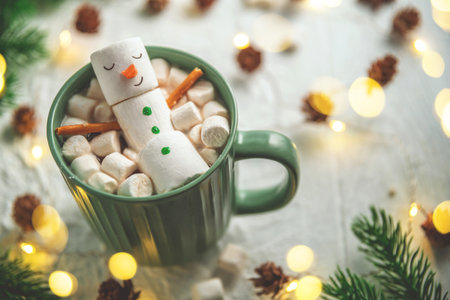 cute christmas card, Cheerful marshmallow snowman relaxes in a green mug of hot chocolate, surrounded by mini marshmallows, cinnamon sticks, and festive Christmas lights, creating a cozy holiday sceneの写真素材