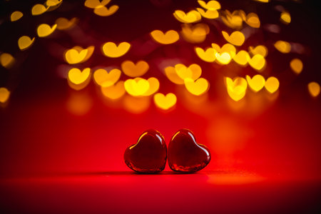 Two red heart-shaped objects rest against a vibrant red background, surrounded by a dreamy bokeh of glowing heart lights, creating a romantic and enchanting valentine's day themeの写真素材