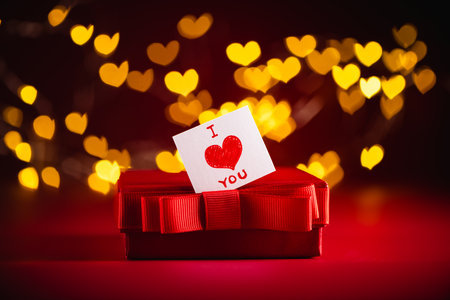 Red gift box, accompanied by a card featuring a red heart and text i love you. Warm bokeh lights in the background create a romantic and festive atmosphere, perfect for valentine's dayの写真素材