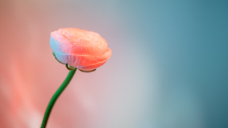 Gentle pink ranunculus flower blooming in a transparent glass vase with a colorful gradient...