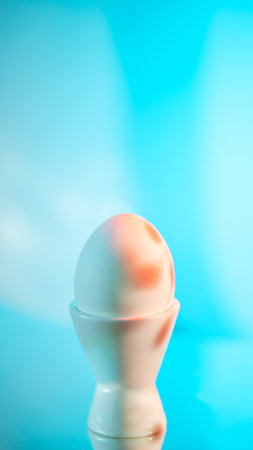 Single white egg sits in a white egg cup against a vibrant light blue backdrop, creating a simple yet visually appealing composition with a focus on breakfast and healthy eating, easterの写真素材