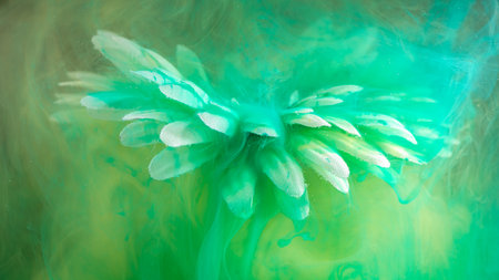 beautiful flower with white petals in clouds of green smoke on black background, photo underwater, clouds of paint in water, spring concept, creativity, artの写真素材