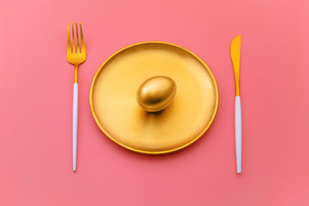 Luxurious golden easter egg is elegantly placed on a golden plate. Accompanied by a matching fork and knife. All arranged on a vibrant pink backdrop. Creating a visually striking and festive sceneの写真素材