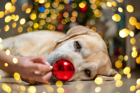 red christmas ball in front of labrador retriever with reindeer antlers lying on floor near decorated and illuminated christmas tree, new year, christmas, funny postcardの写真素材