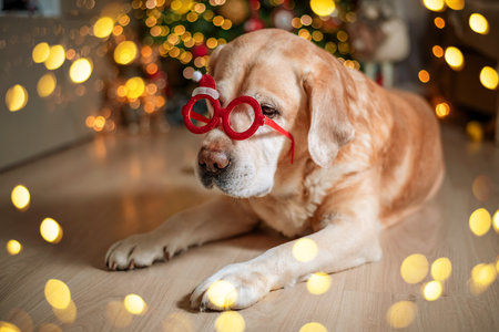 Golden labrador retriever wearing funny christmas glasses is lying on the floor under decorated christmas tree with blurred lights in the backgroundの写真素材