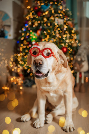 Beautiful adult labrador retriever wearing funny christmas glasses sitting near decorated christmas tree with bokeh effect lights in the background, celebrating christmas and new year holidaysの写真素材