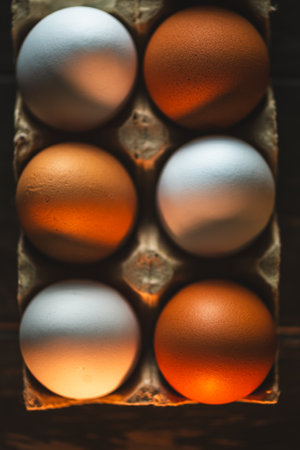 Brown and white chicken eggs resting in a recycled cardboard cardton, bathed in warm light, create a rustic, farm-fresh ambiance on a dark wooden table, top viewの写真素材