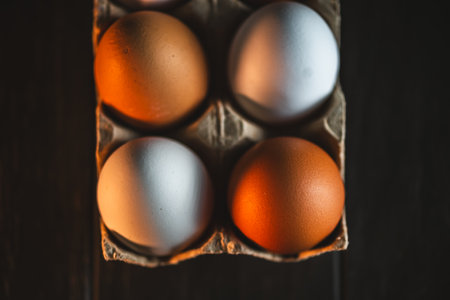 Brown and white chicken eggs resting in a recycled cardboard cardton, bathed in warm light, create a rustic, farm-fresh ambiance on a dark wooden table, top viewの写真素材