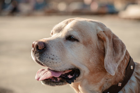 Close-up of a golden labrador retriever, panting with its tongue hanging out, enjoying the sunny outdoors and enjoying the warmth of a beautiful summer dayの写真素材