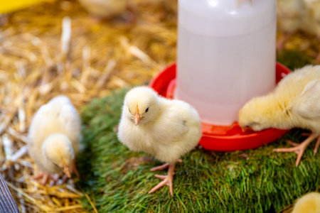 Fluffy yellow chickens huddled together in a cozy wooden pen filled with soft straw create a touching scene that conveys the charm and innocence of rural farm life, petting zooの写真素材