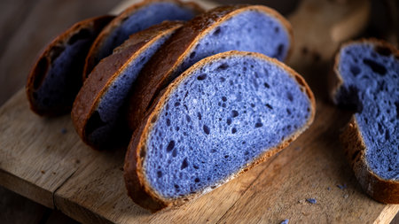 Slices of freshly baked purple bread cooked in blue Thai ancha tea sit on a rustic wooden cutting board, highlighting their vibrant color and unique texture, perfect for food photography.の写真素材